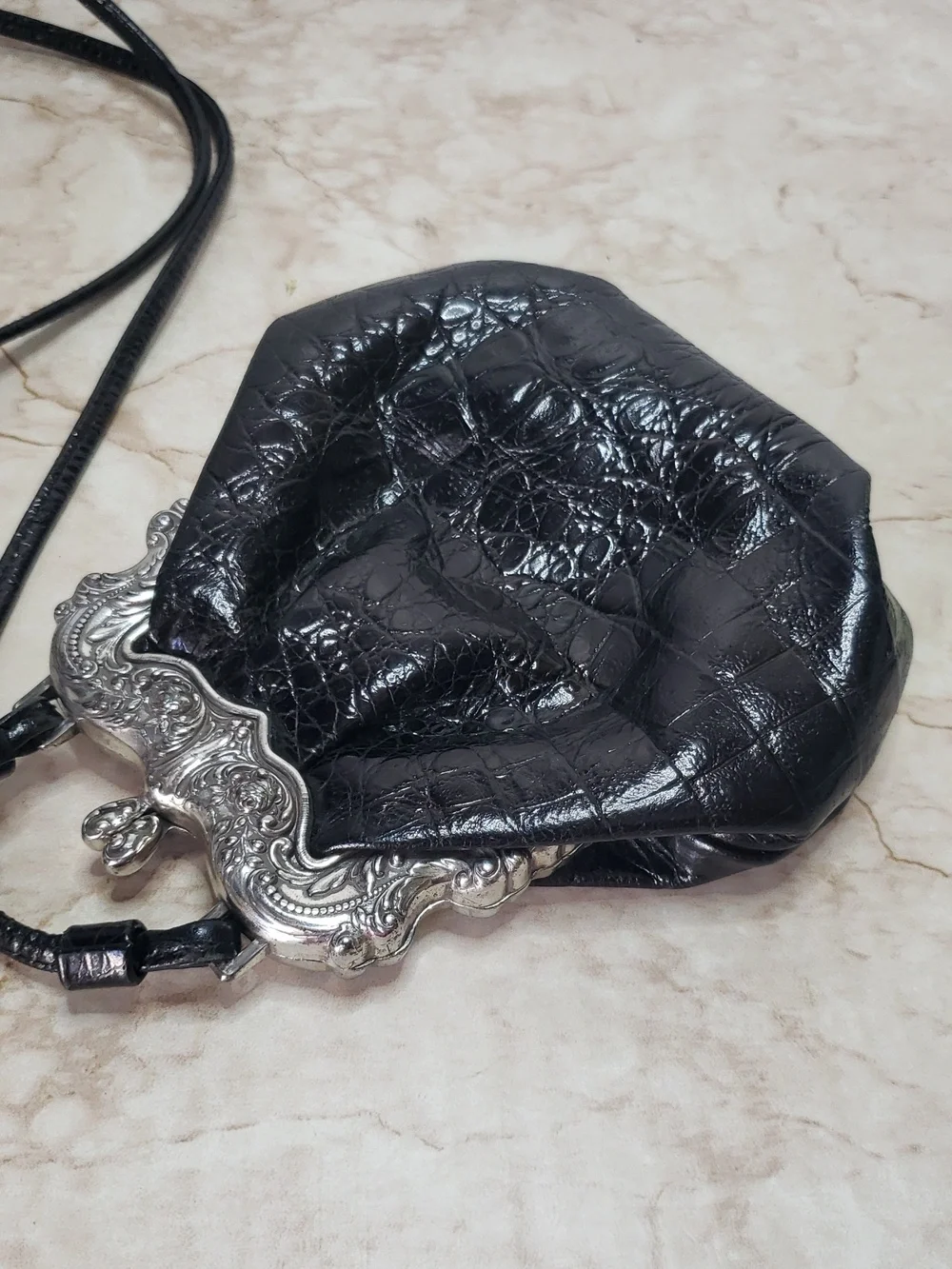 Brighton One World Black Leather Embossed  Croc Crossbody Bag with Silver Frame